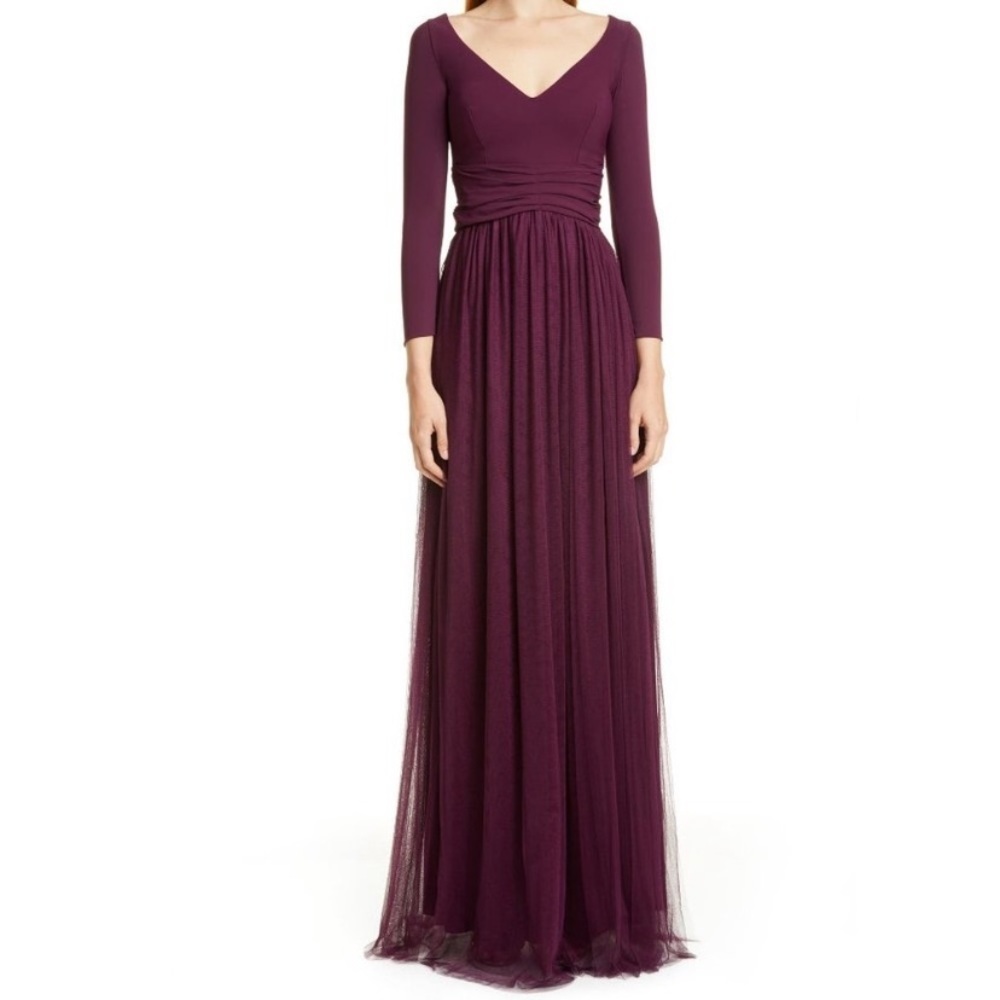 Chiara Boni Liene Illusion Dress Wine Maxi Layered Tulle Sweetheart Neck Size 4